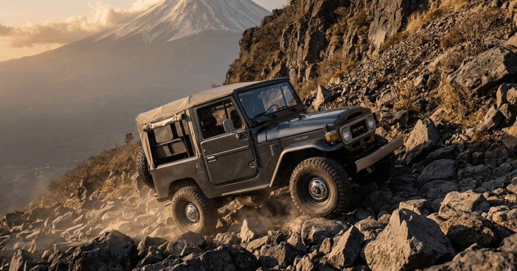 Land Cruiser BJ up the treacherous slopes of Mount Fuji.