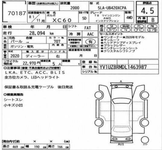 Volvo XC60 Grade 4.5 Auction Sheet